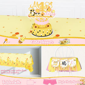 Birhgt so sweet to bee one tablecloth anchors party tables with playful charm.