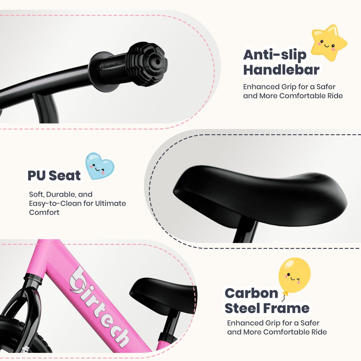 Birtech 12-Inch balance bike adjustable handlebar image demonstrates easy steering for kids.