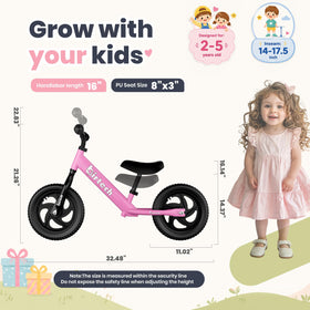 Birtech 12-Inch Toddler Balance Bike side view highlights adjustable seat height for growing riders.