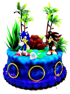 Birthday Celebrations Sonic Shadow Topper Set on cake shows iconic duo for festive decorating.