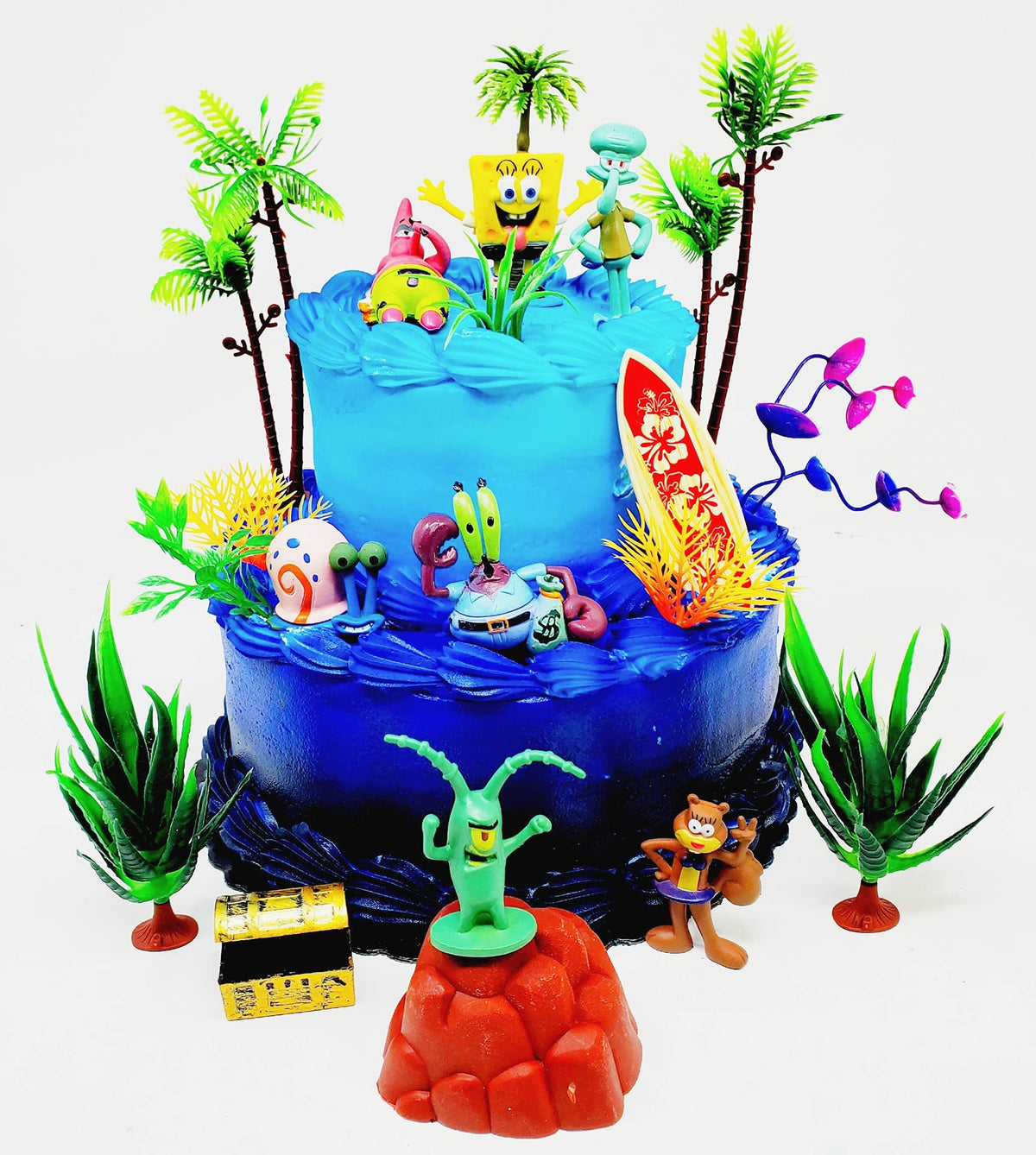 Birthday Celebrations Spongebob toppers featuring assorted figures for a playful cake.