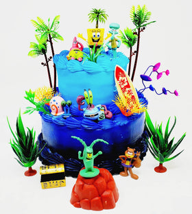 Birthday Celebrations Spongebob toppers featuring assorted figures for a playful cake.