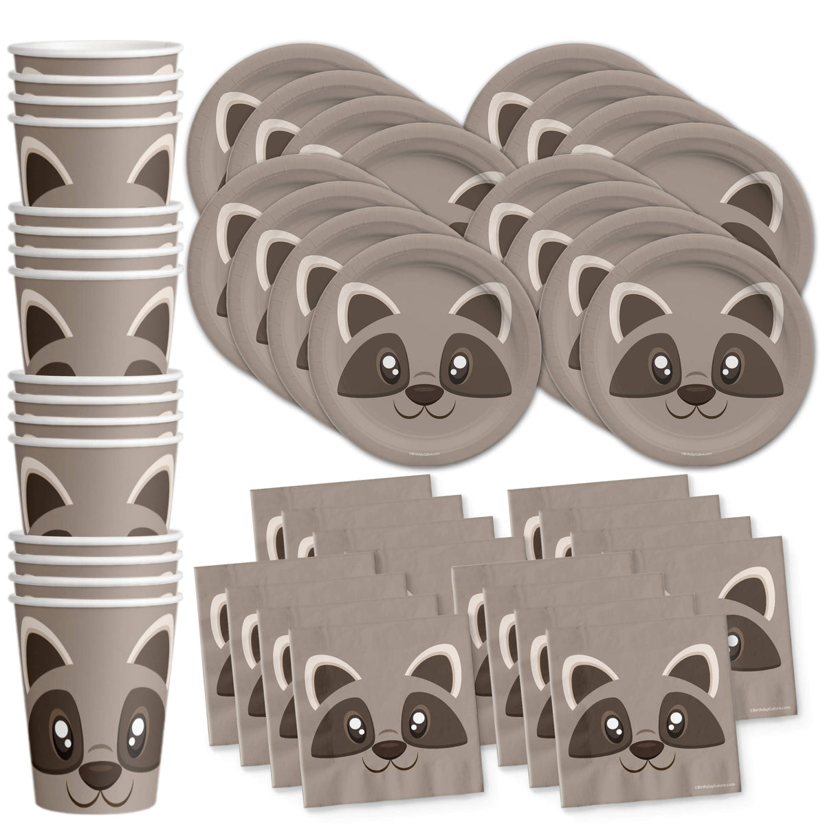 Birthday Galore raccoon plates highlight a playful woodland theme for kids' birthdays.