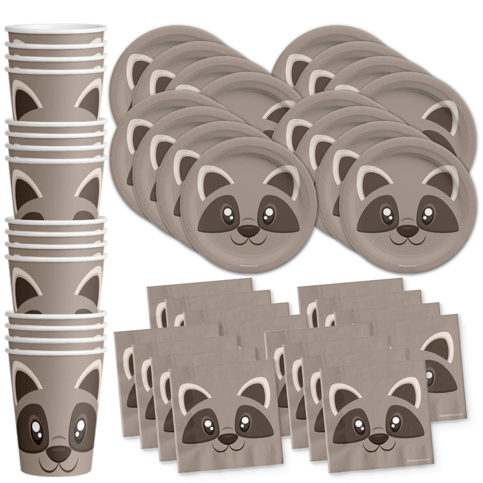 Birthday Galore raccoon plates highlight a playful woodland theme for kids' birthdays.