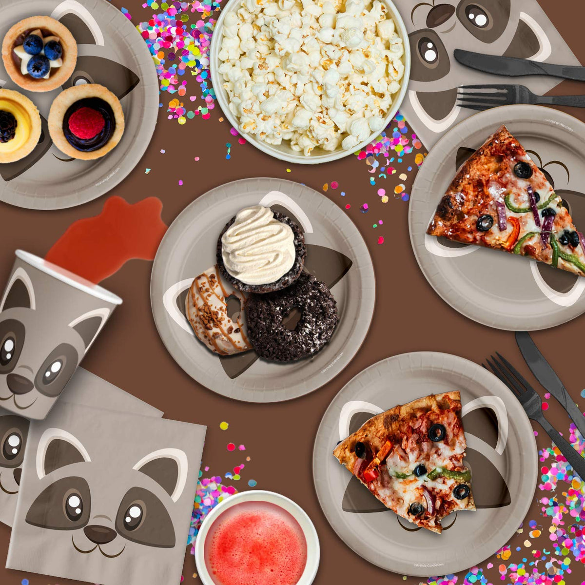 Birthday Galore raccoon tableware setup demonstrates easy disposable cleanup after celebrations.