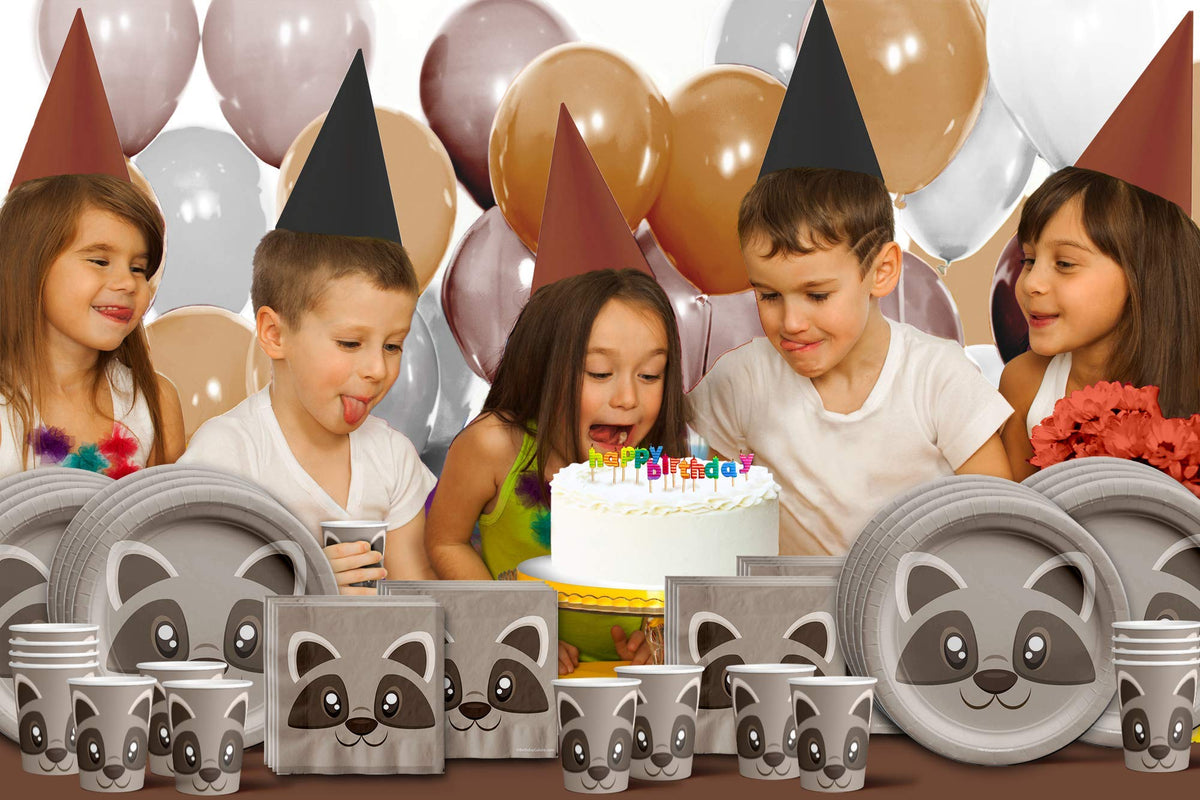 Birthday Galore raccoon woodland theme enhances kid-friendly party decor.