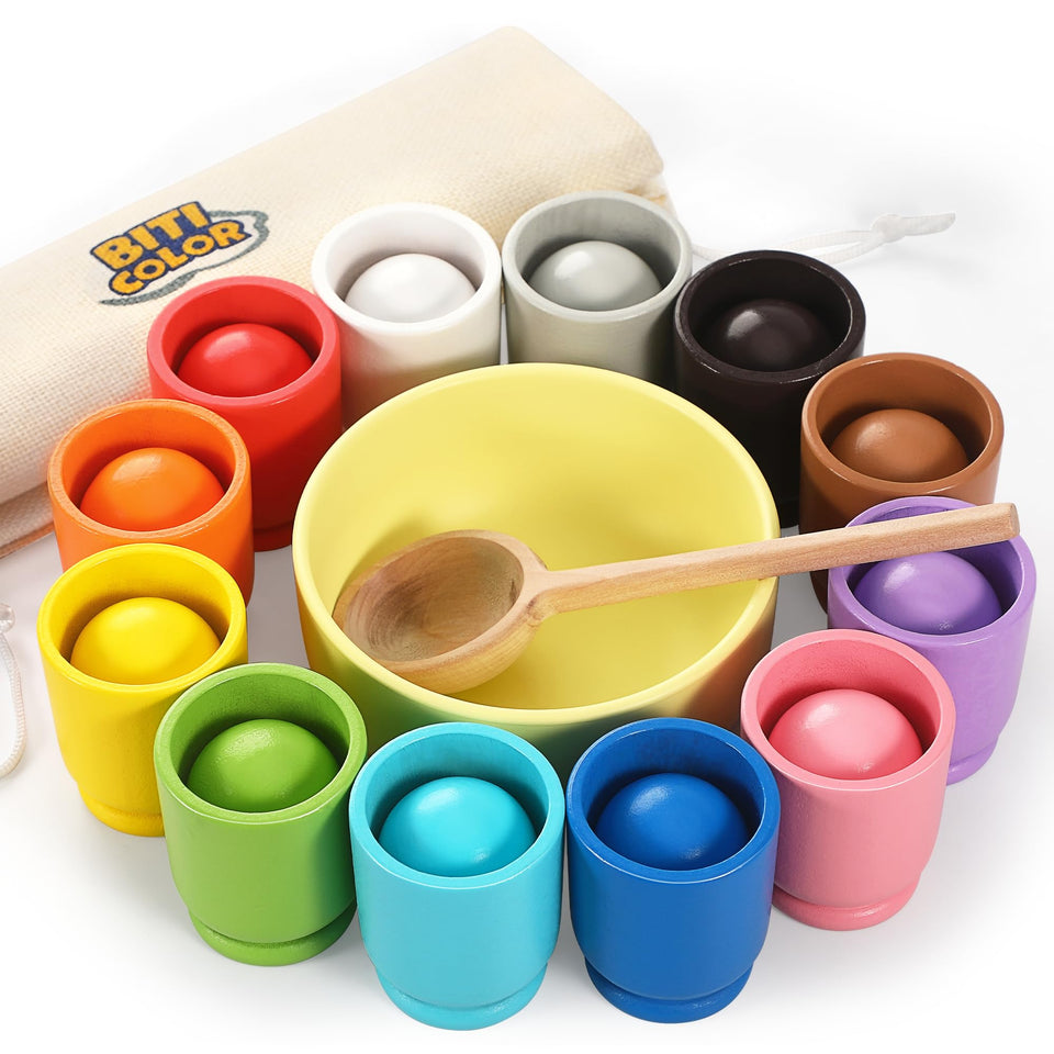 Biticolor ball in cup color sorting set aids toddler color matching and motor skills.