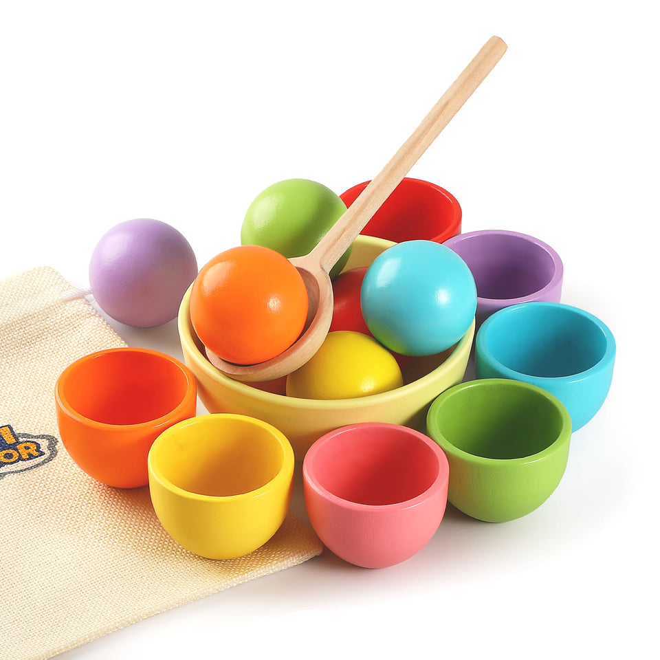 Biticolor Montessori ball-in-cup set for color matching and fine motor practice