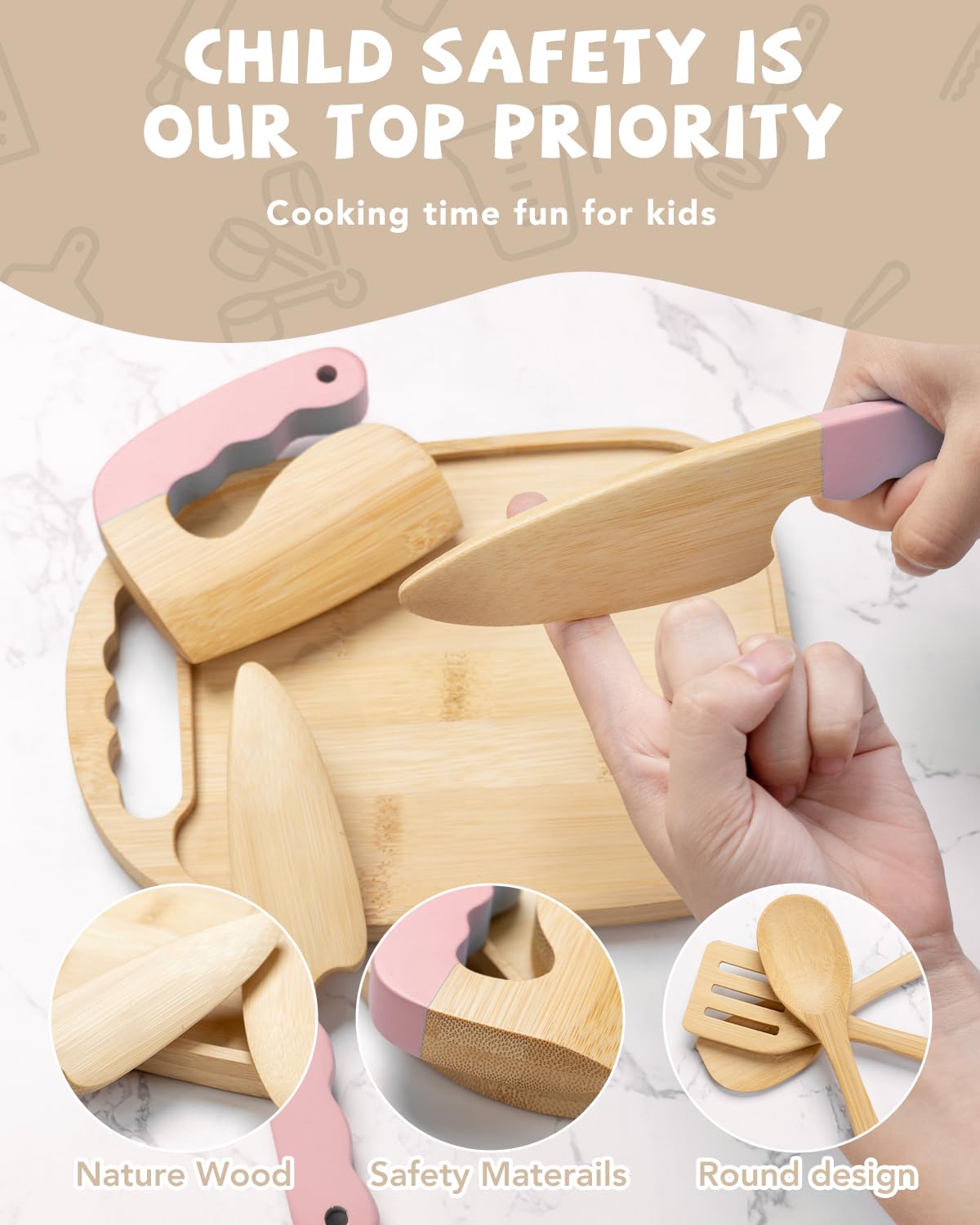 Biticolor smooth wooden utensils lightweight for little chefs