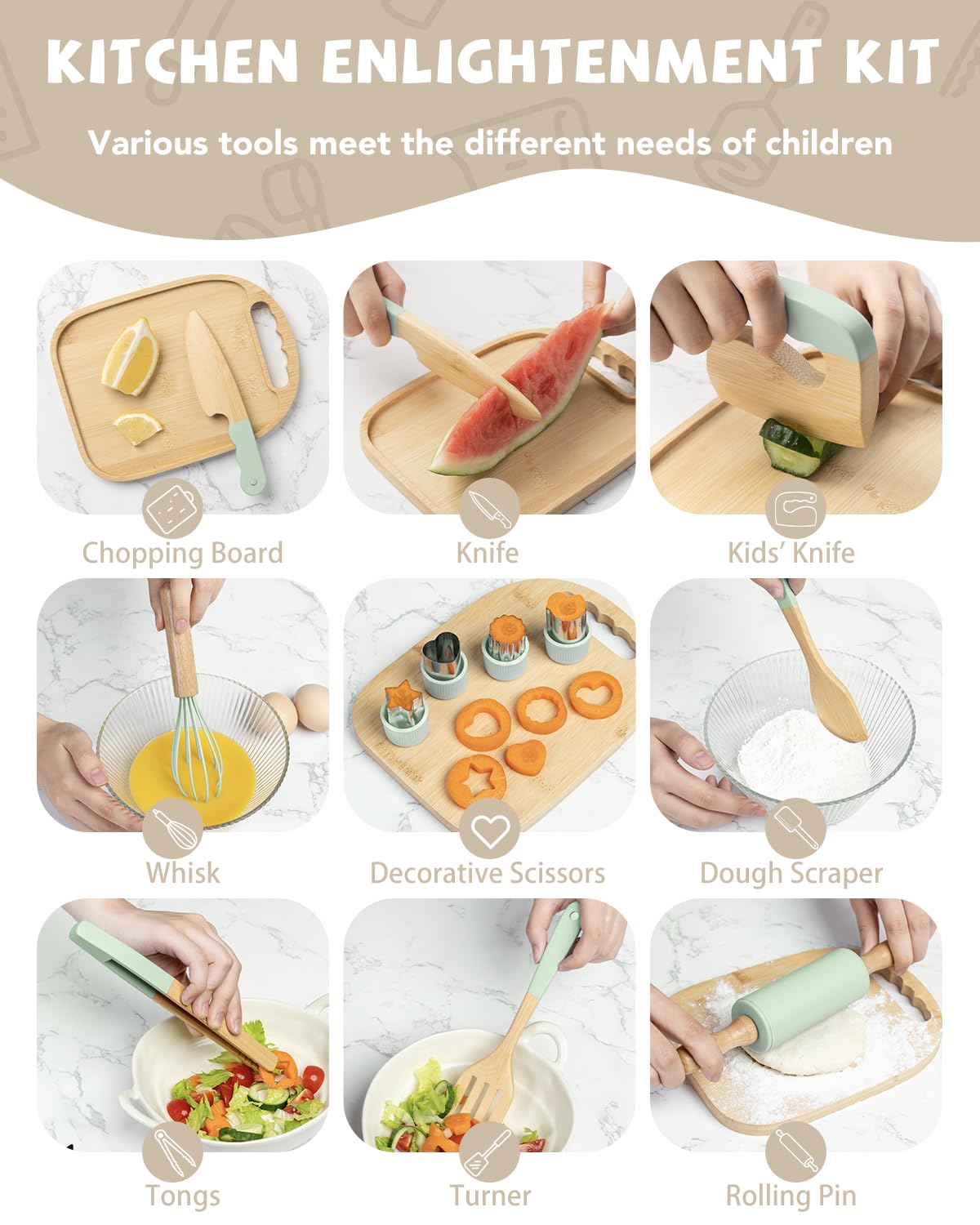 Biticolor Wooden Kids Cooking Set cutting board highlights sturdy surface for tiny hands