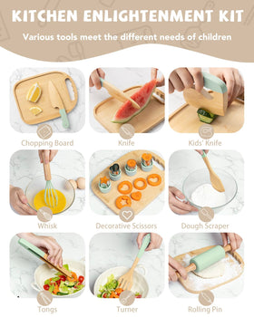 Biticolor Wooden Kids Cooking Set cutting board highlights sturdy surface for tiny hands