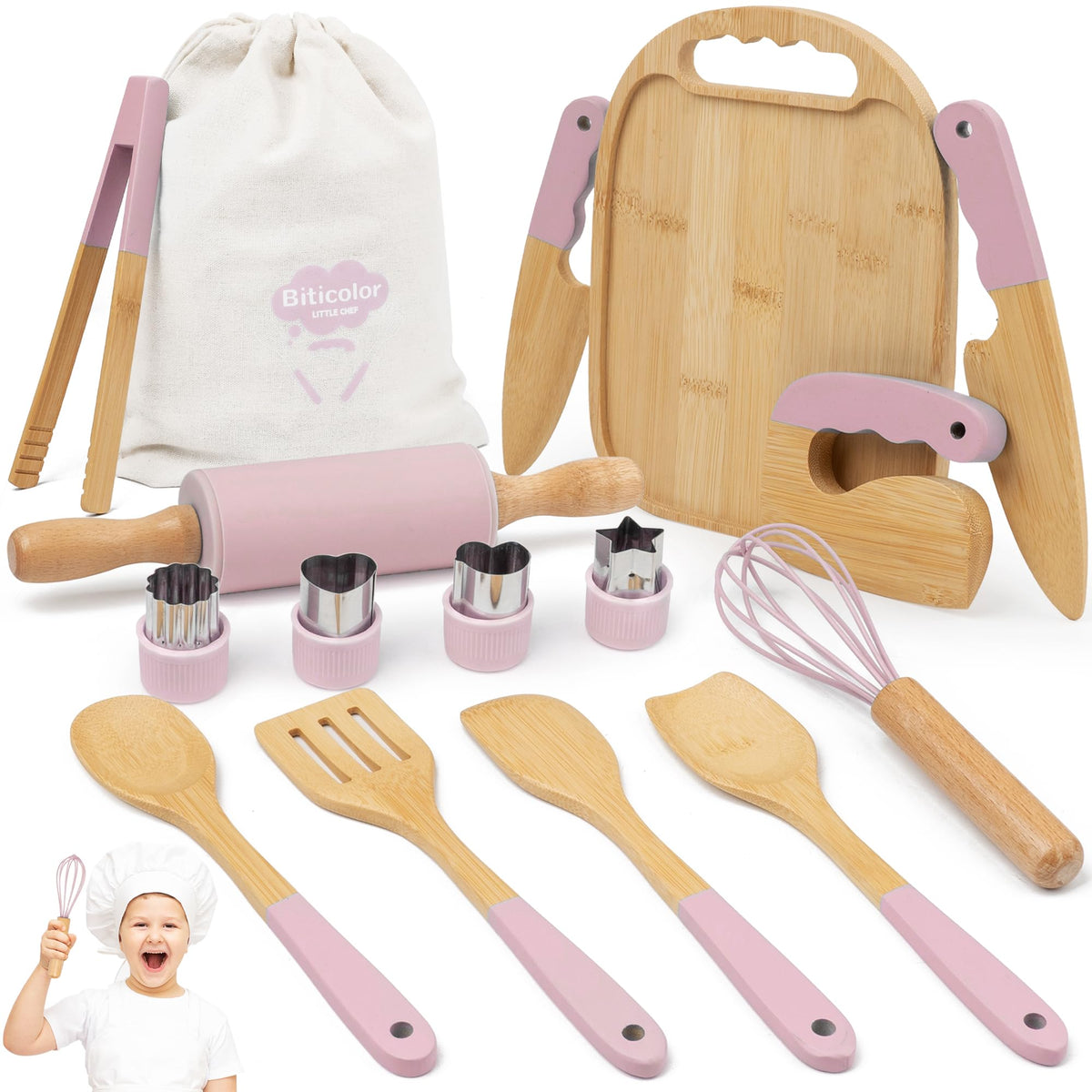Biticolor wooden kids cooking set pink in use for pretend play and learning