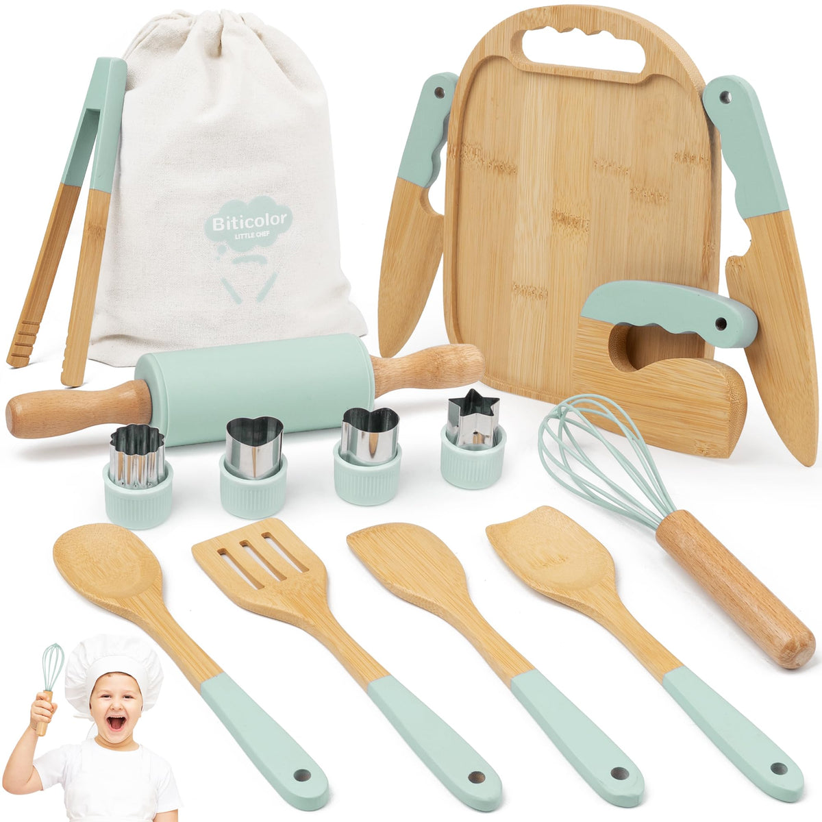 Biticolor Wooden Kids Cooking Set spatulas show safe, durable tools for creative pretend play