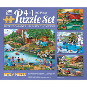Bits and Pieces 4-in-1 cover with vibrant river scene for family puzzle night.