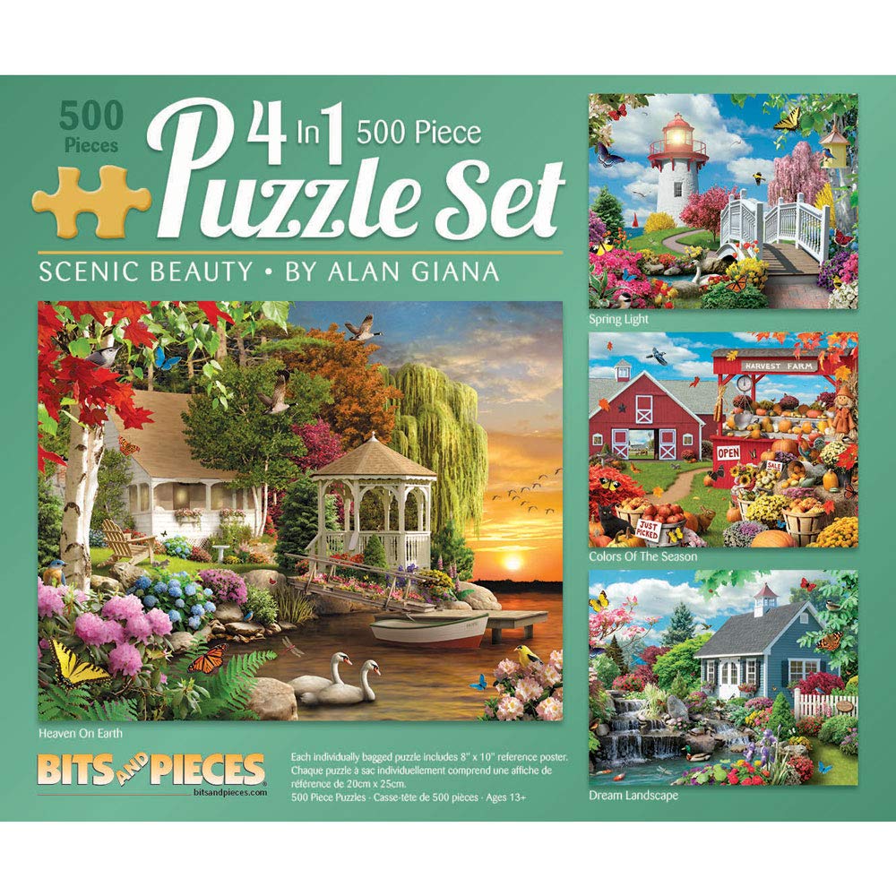 Bits and Pieces 4-in-1 puzzles with Alan Giana art for family entertainment.
