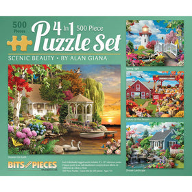 Bits and Pieces 4-in-1 puzzles with Alan Giana art for family entertainment.
