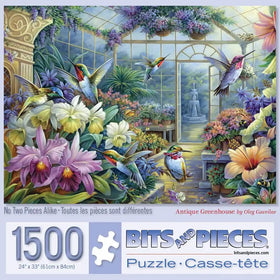 Bits and Pieces antique greenhouse hummingbirds close-up for mindful puzzle time.