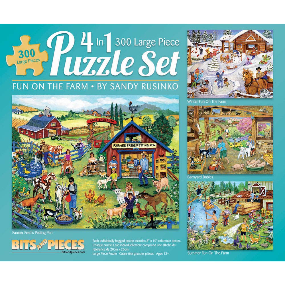 Bits and Pieces Fun on the Farm puzzle packaging displays the four-in-one set for convenient gifting.