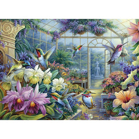 Bits and Pieces greenhouse flora with birds inviting family puzzle fun.