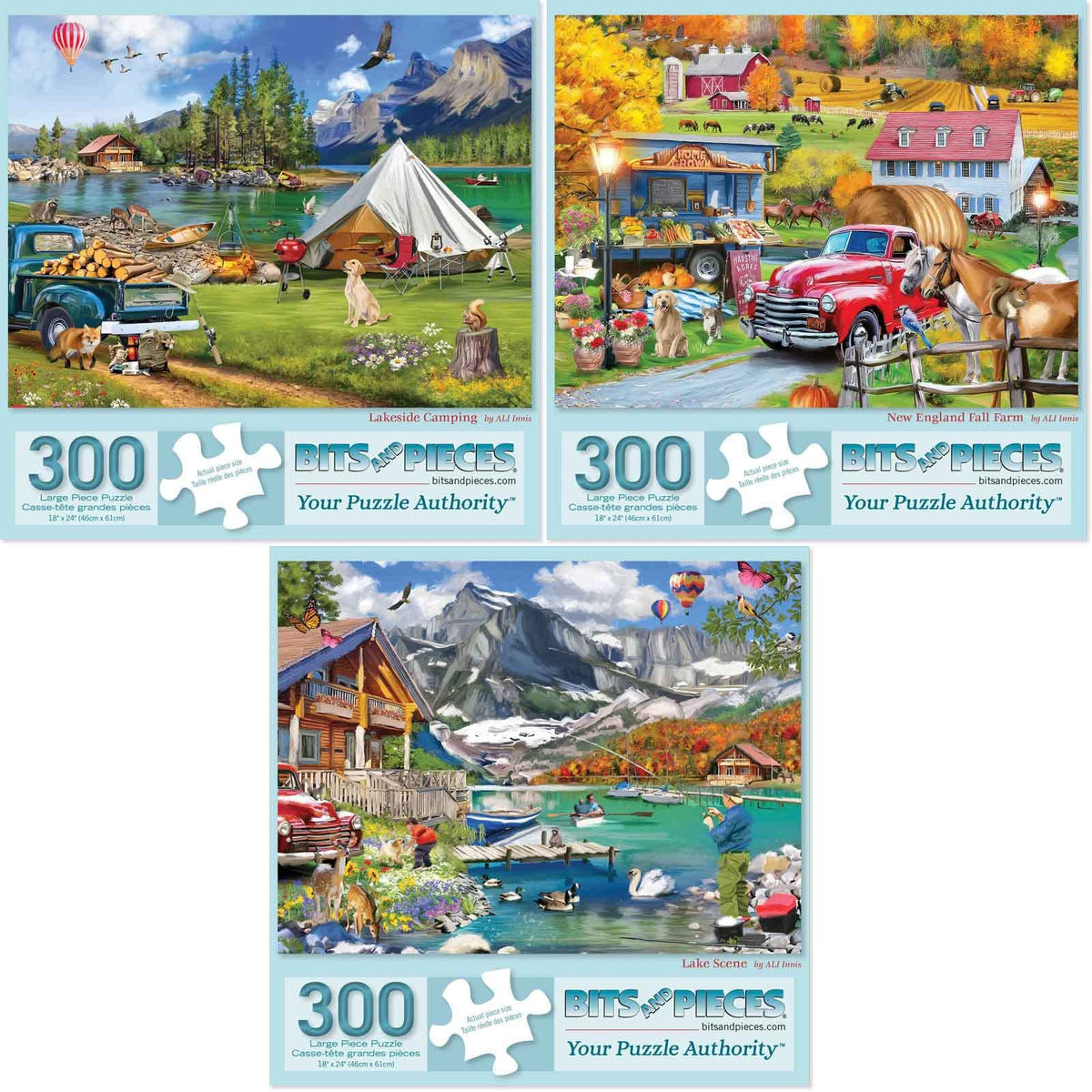 Bits and Pieces lake puzzle cover showing tranquil lakeside scene and inviting colors