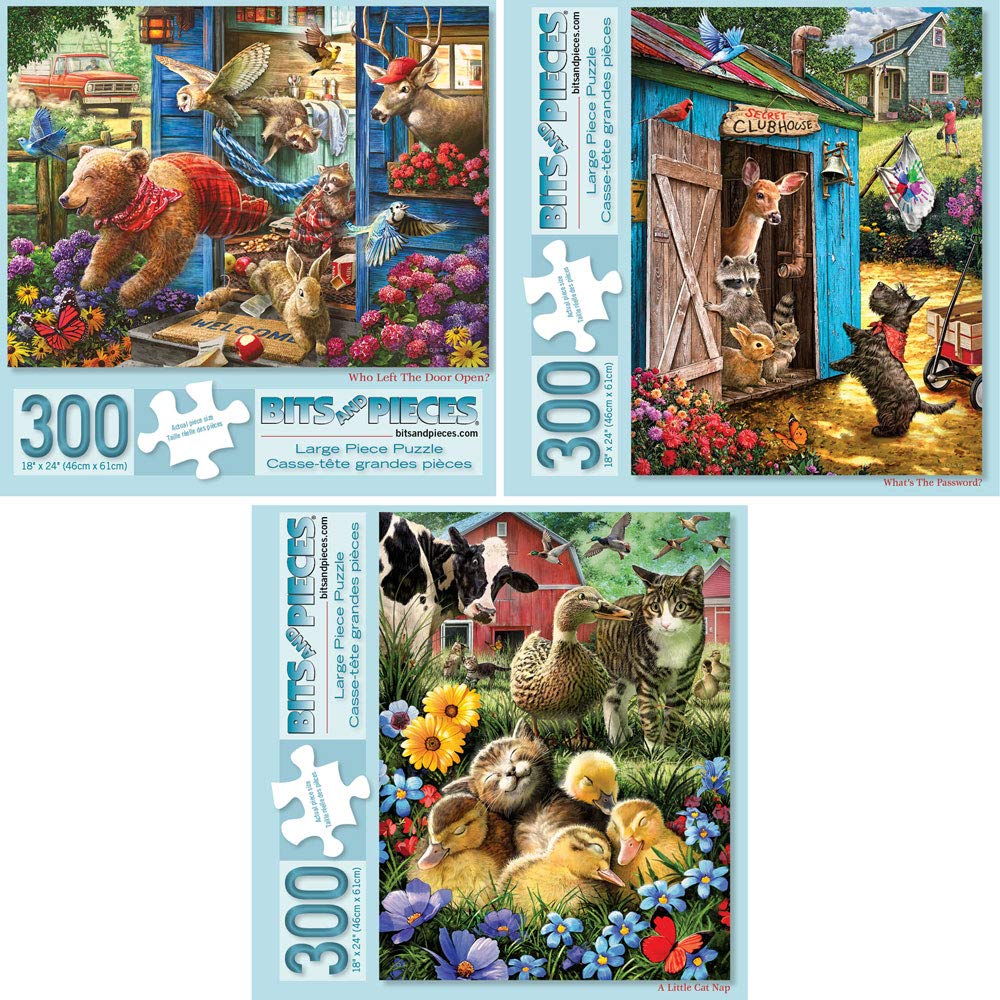 Bits and Pieces three-puzzle set by Larry Jones for adults, ideal for family puzzle nights.
