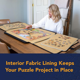 Bits and Pieces Portapuzzle fabric-lined surfaces hold pieces in place during transport.