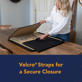 Bits and Pieces Portapuzzle Velcro tabs secure the puzzle inside the slim storage folder.