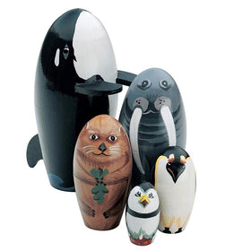Bits and Pieces orca nesting doll, vibrant finish for nautical shelf display.