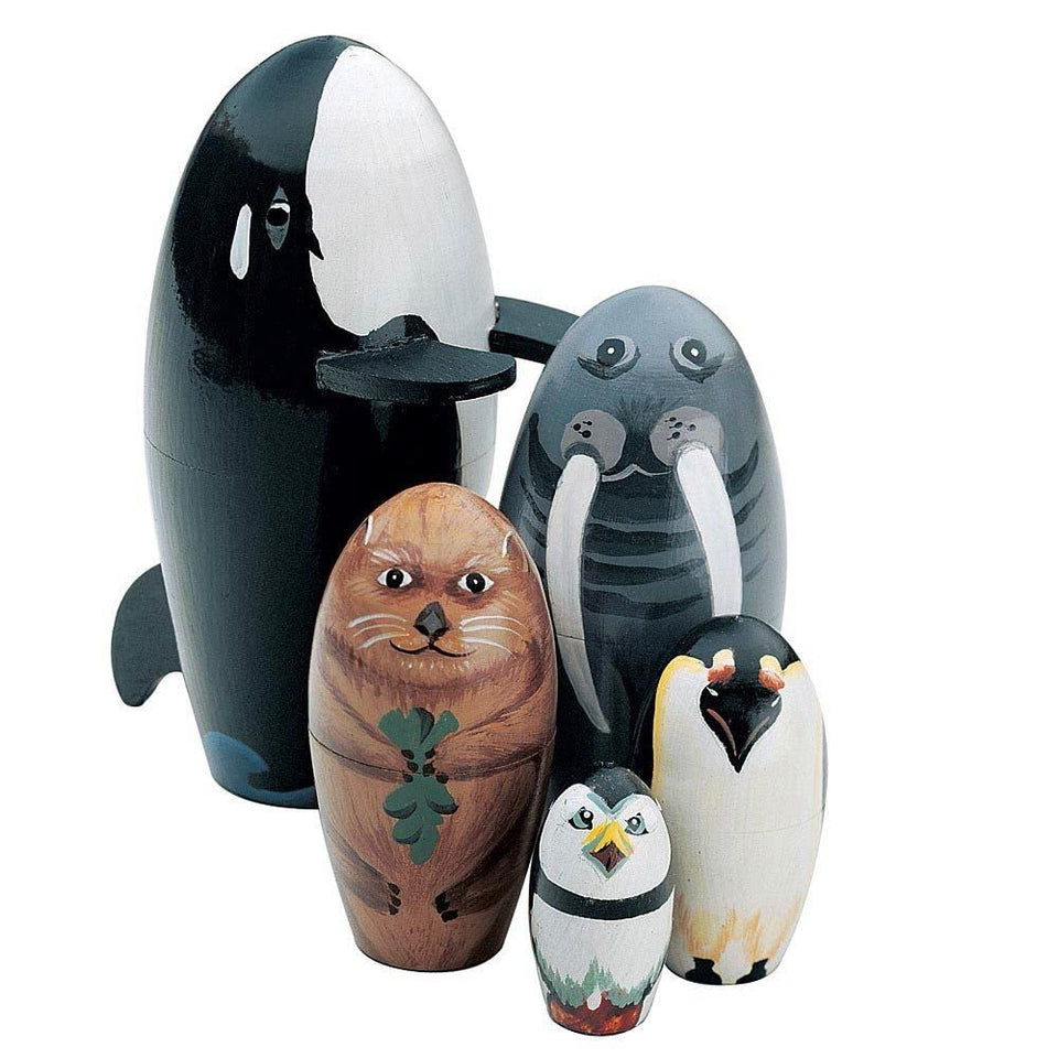 Bits and Pieces orca nesting doll, vibrant finish for nautical shelf display.