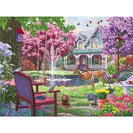 Bits and Pieces Windmills puzzle by Iris Sage with vibrant nature scenes.