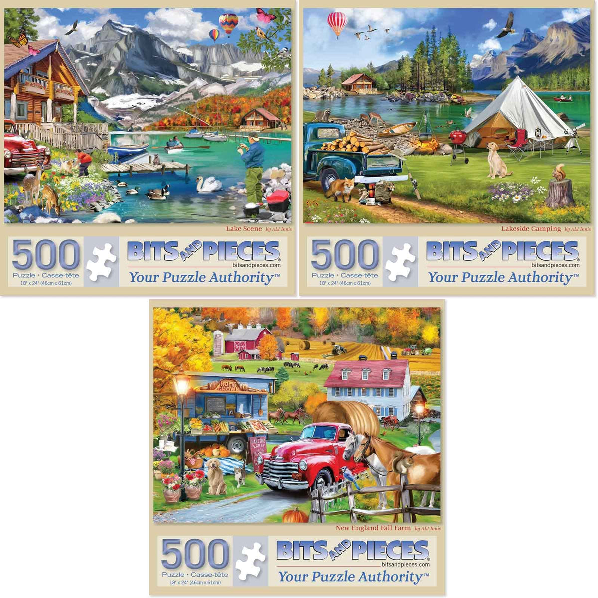 Bits and Pieces lake scene puzzle box, three puzzles in set, ideal for family evenings.