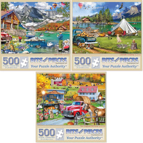 Bits and Pieces lake scene puzzle box, three puzzles in set, ideal for family evenings.