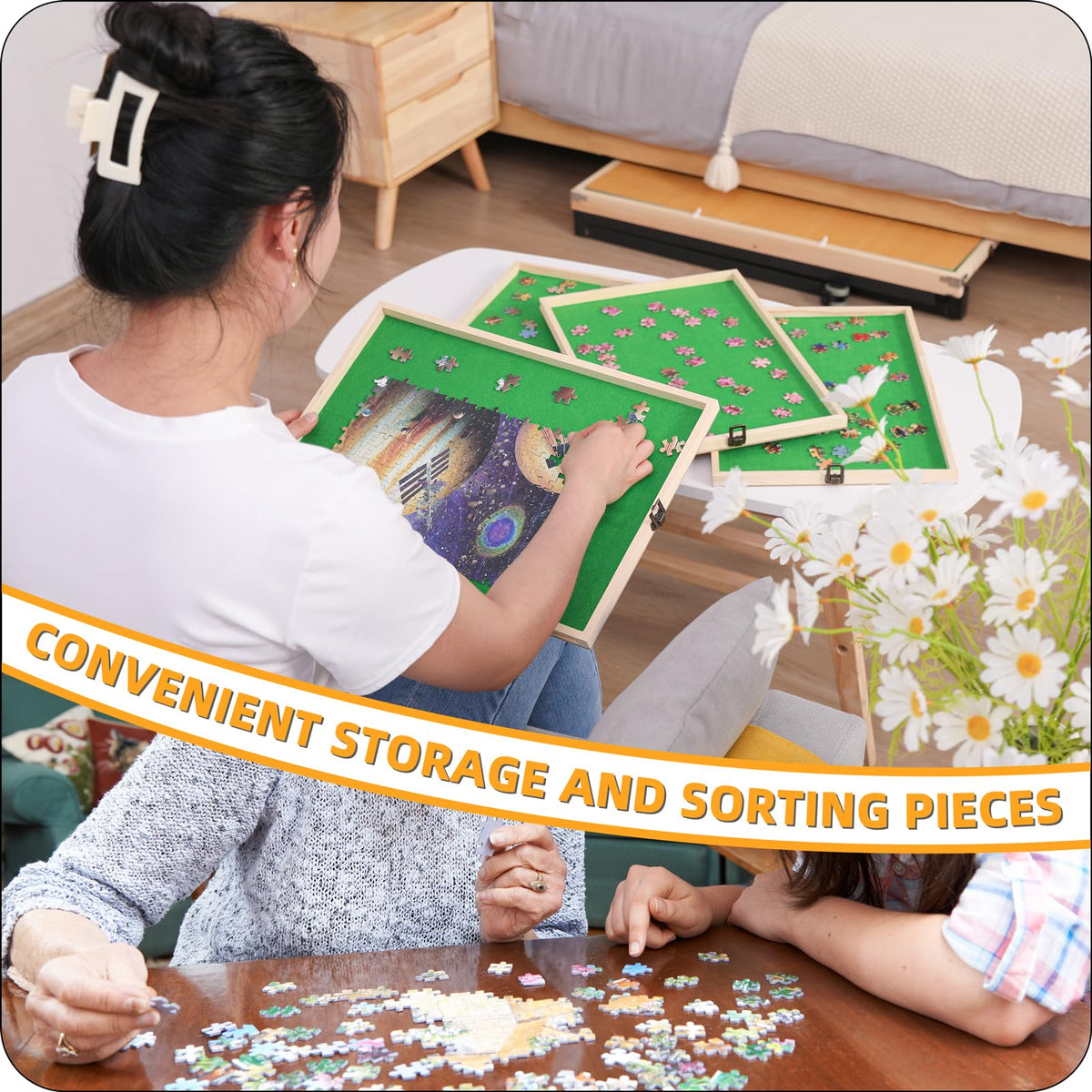 BittPicc puzzle table removable drawers organize pieces by color or theme