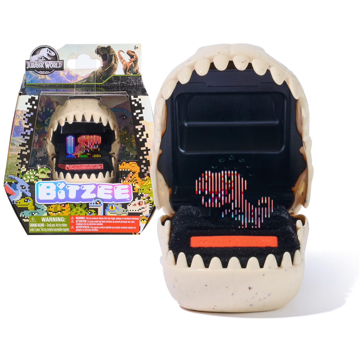 BITZEE Jurassic World pod and dinosaur display for hands-on learning.