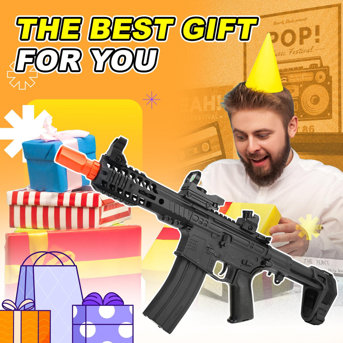 BIU BLASTER included accessories—eye protection and scope for quick setup.