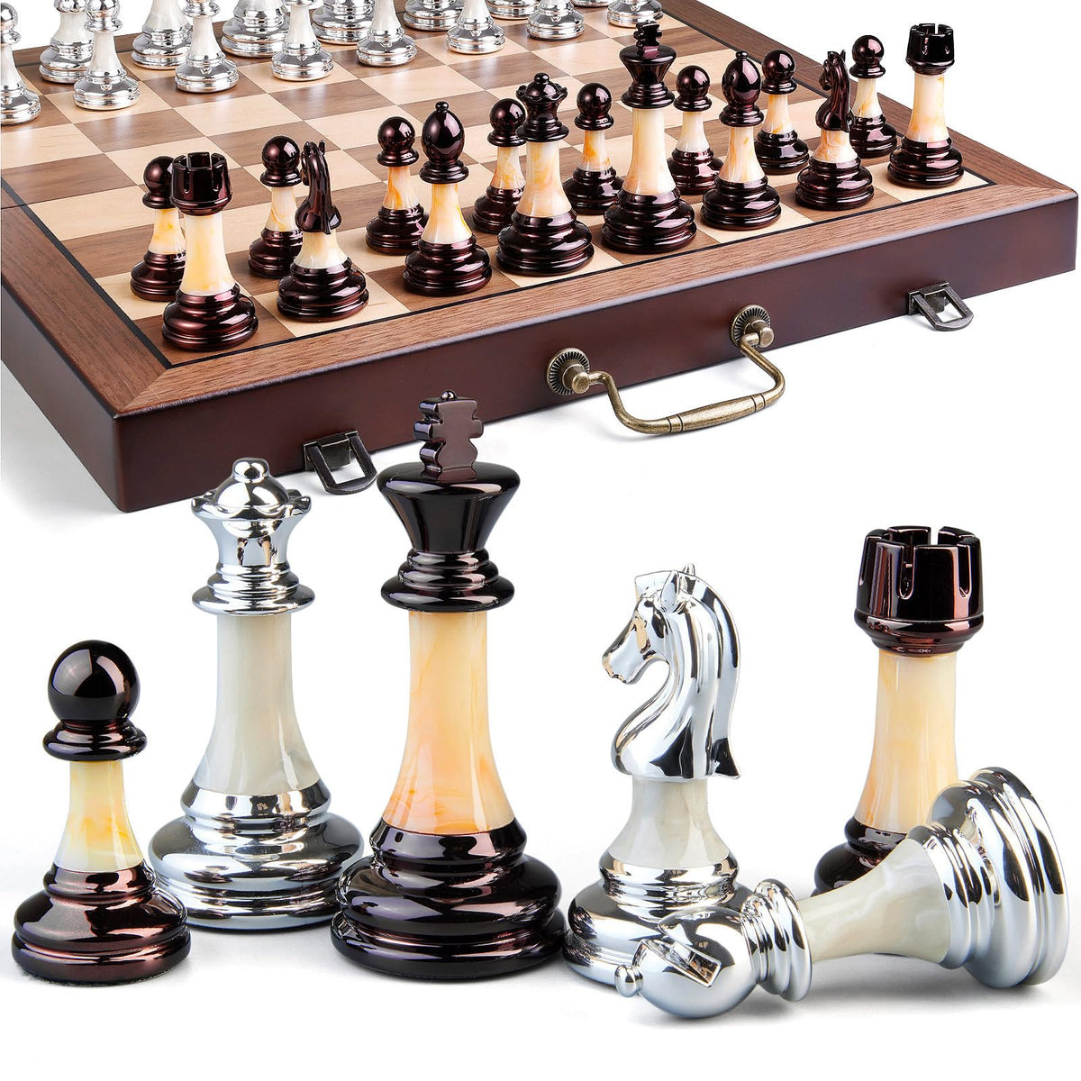 BIVOMON Deluxe folding chess set with handle for easy transport