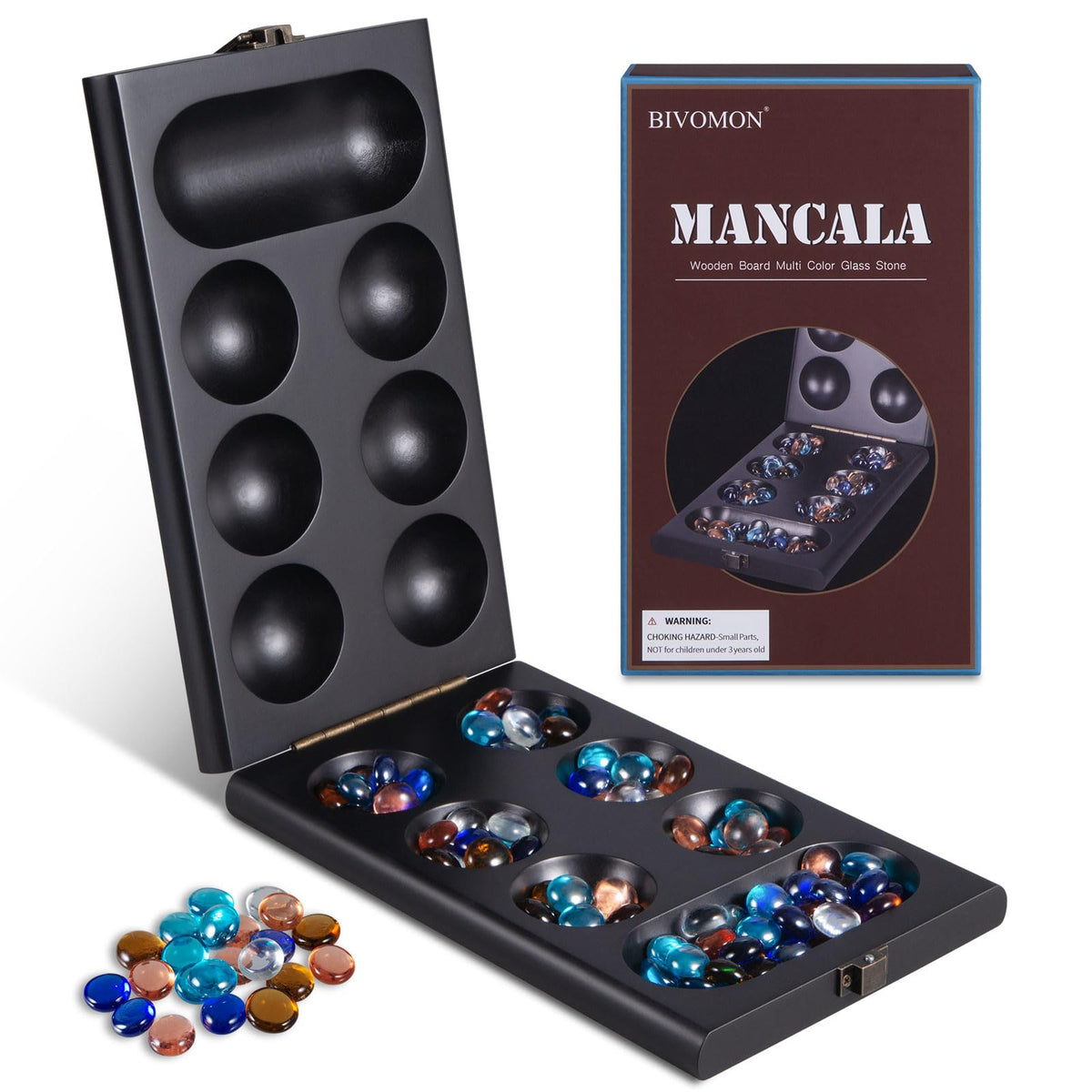 BIVOMON Mancala board folded for easy travel and storage.
