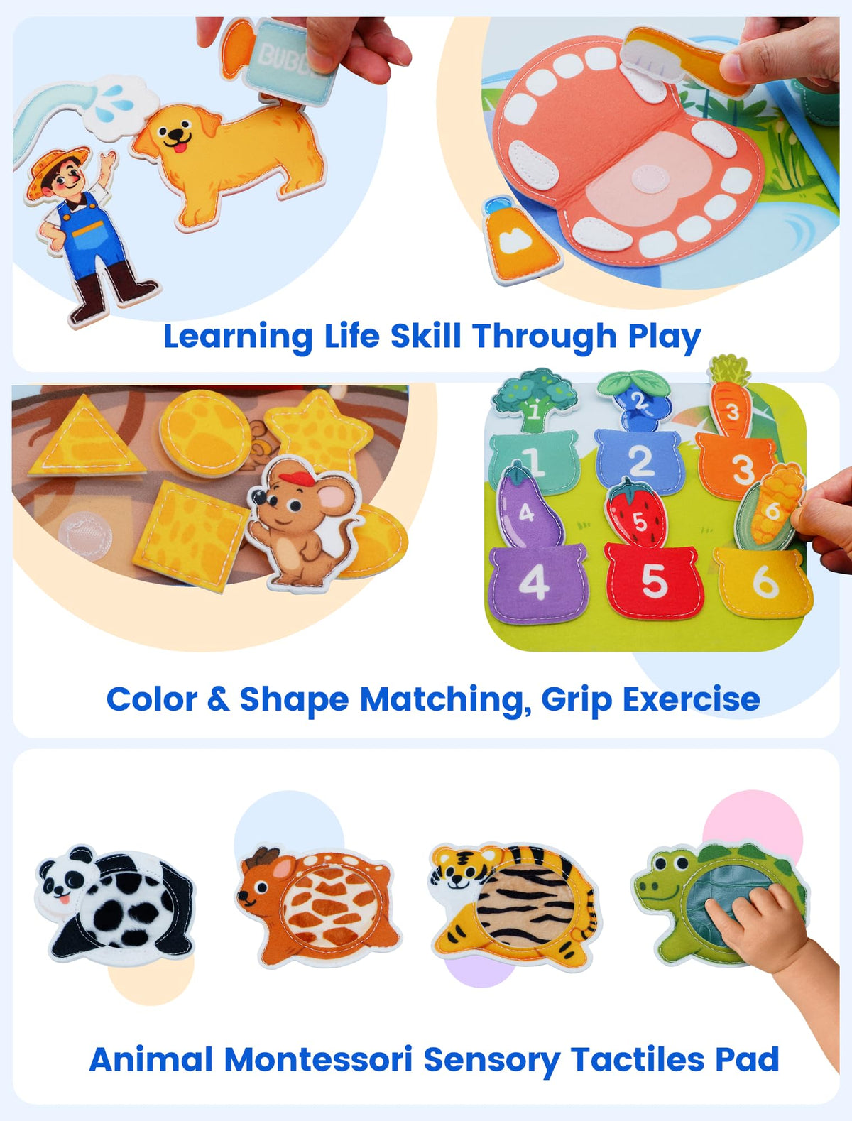 BizyKoady montessori pages inside with colorful activities and tactile panels.