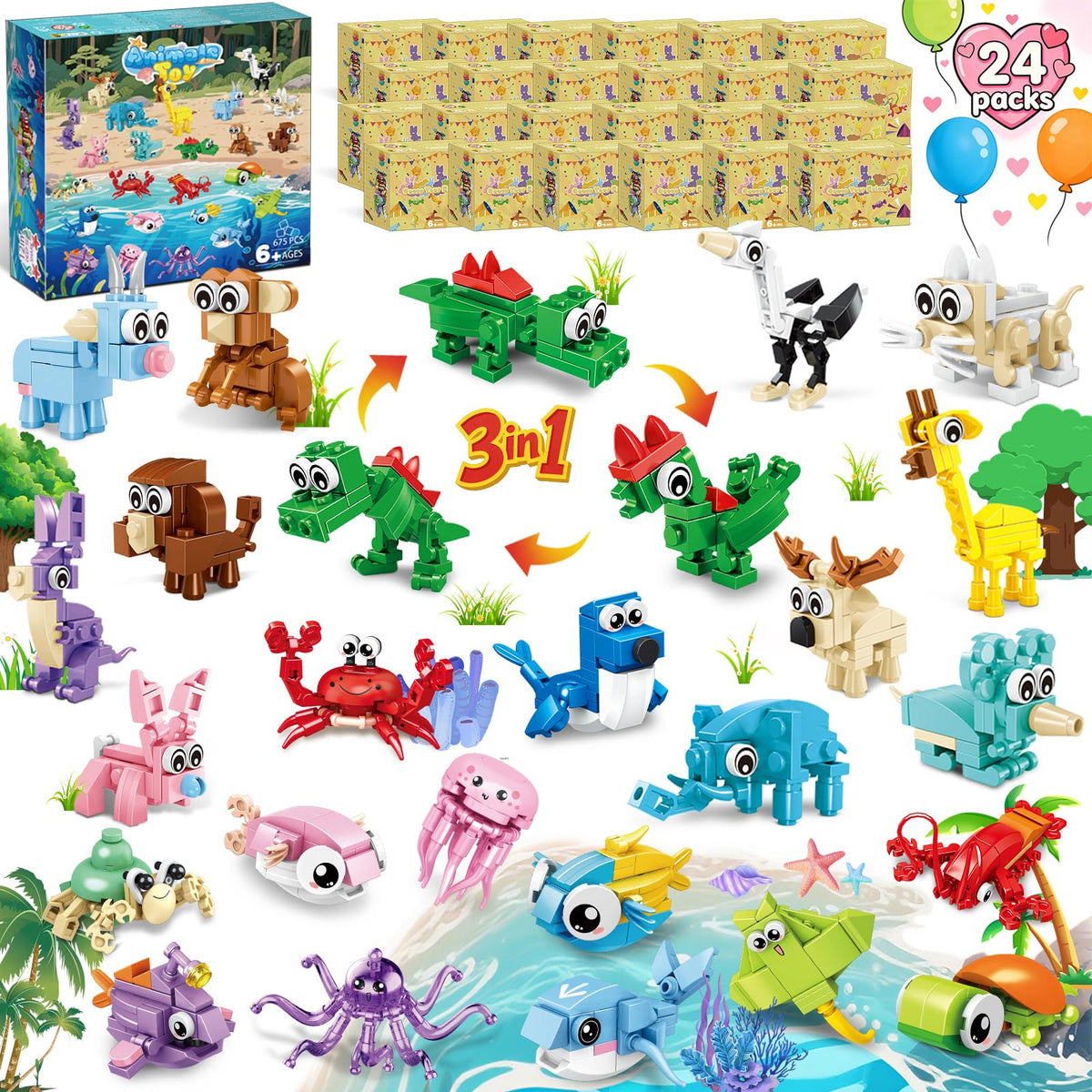 Bklved 24-pack animal blocks for party favors and classroom play.