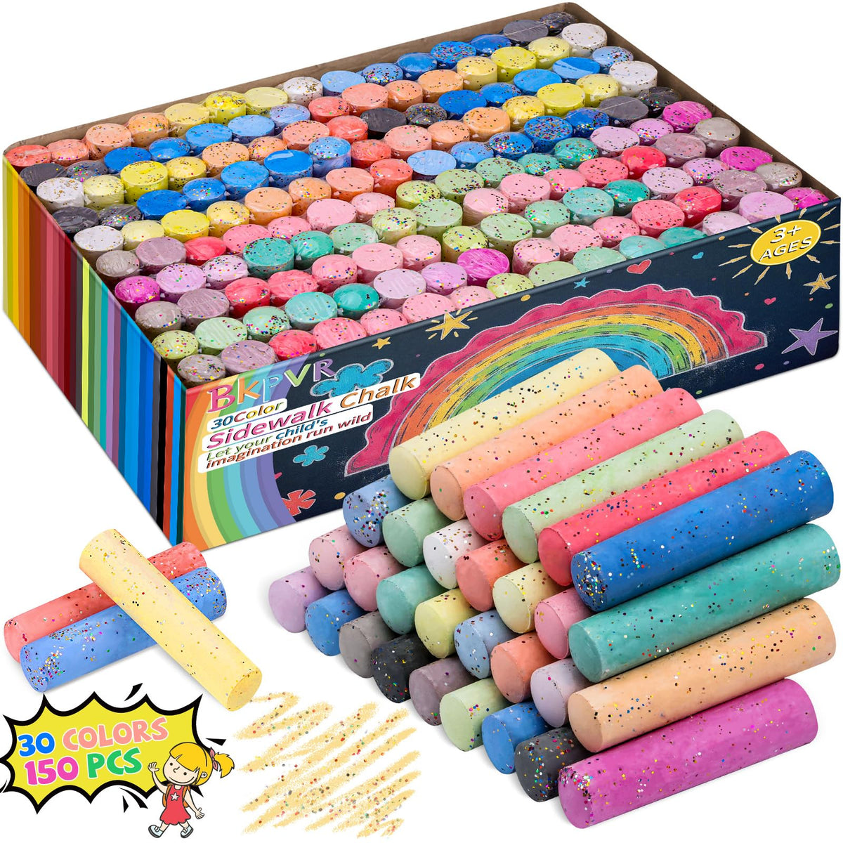 Bkpvr 150-pcs jumbo sidewalk chalk set with 30 colors for creative outdoor art