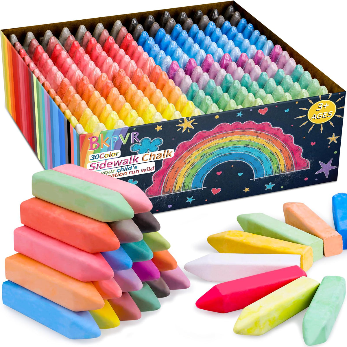 Bkpvr 150-piece jumbo sidewalk chalk set with cone shape for easy grip and outdoor art.