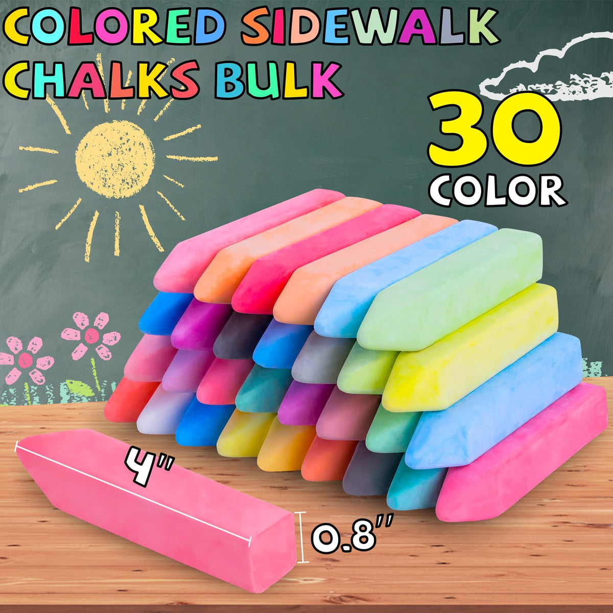 Bkpvr 30-color chalk assortment enabling vibrant, washable designs on sidewalks.