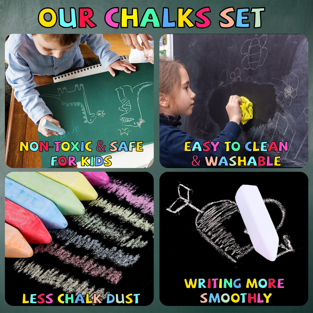 Bkpvr washable, non-toxic chalk cleans up easily with water.
