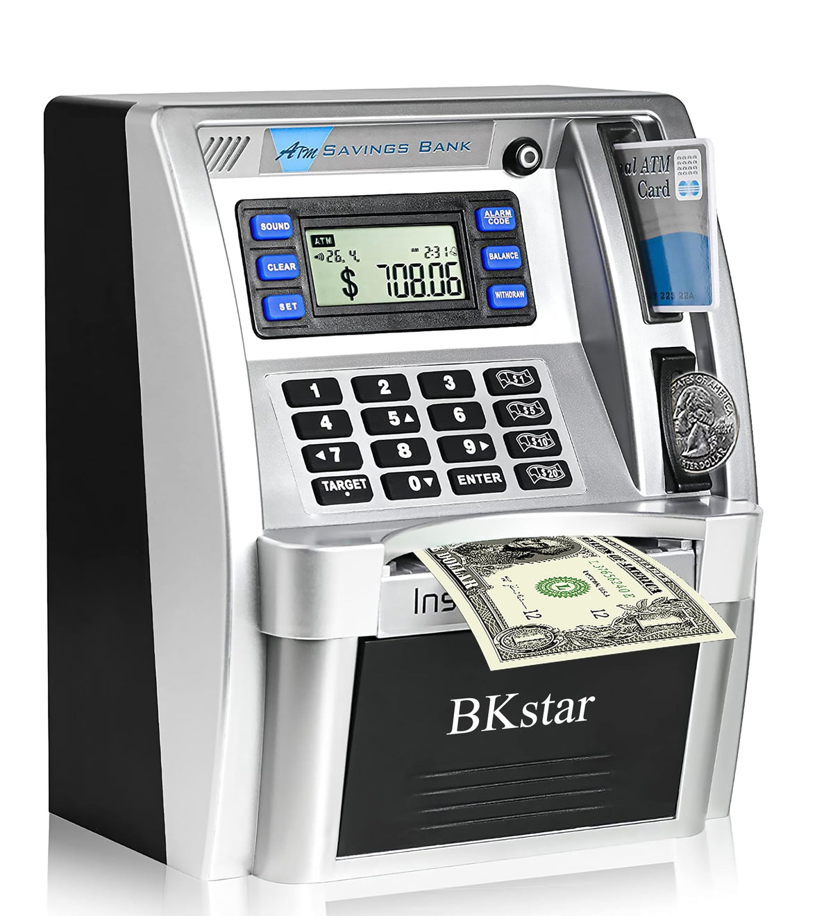 BKstar ATM Piggy Bank with debit card and real-time balance display for budgeting practice.