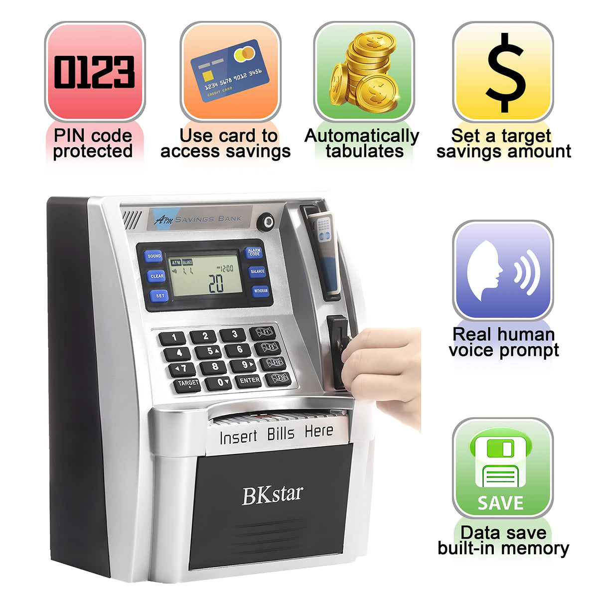 BKstar ATM Piggy Bank digital counter showcases savings growth for kids.