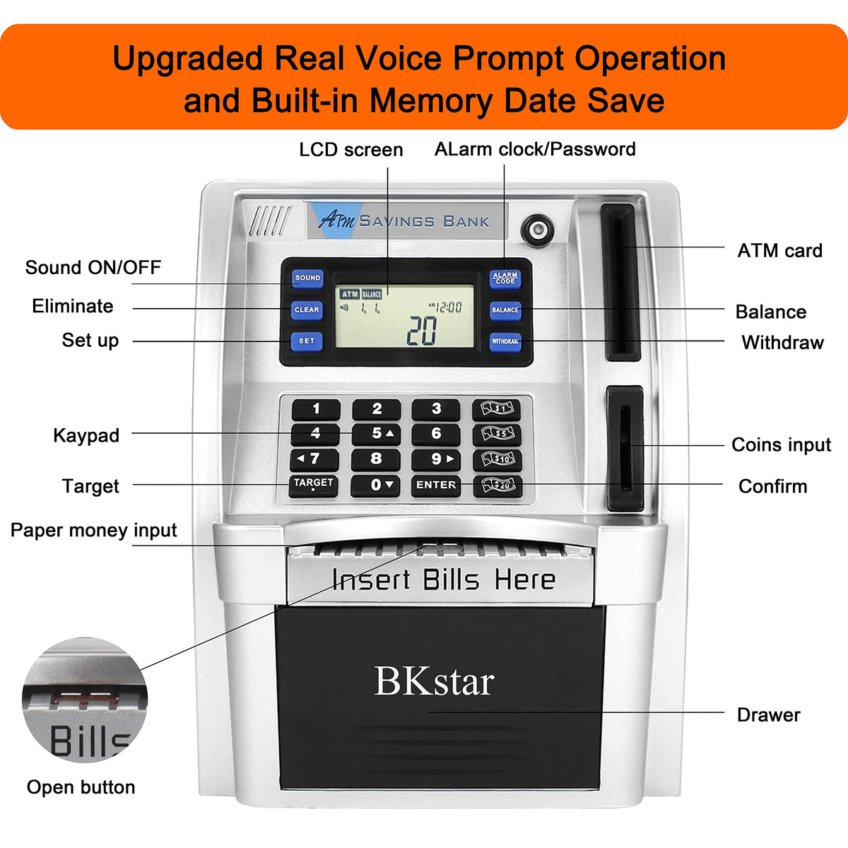 BKstar ATM Piggy Bank voice interaction reinforces deposits with cheerful feedback.