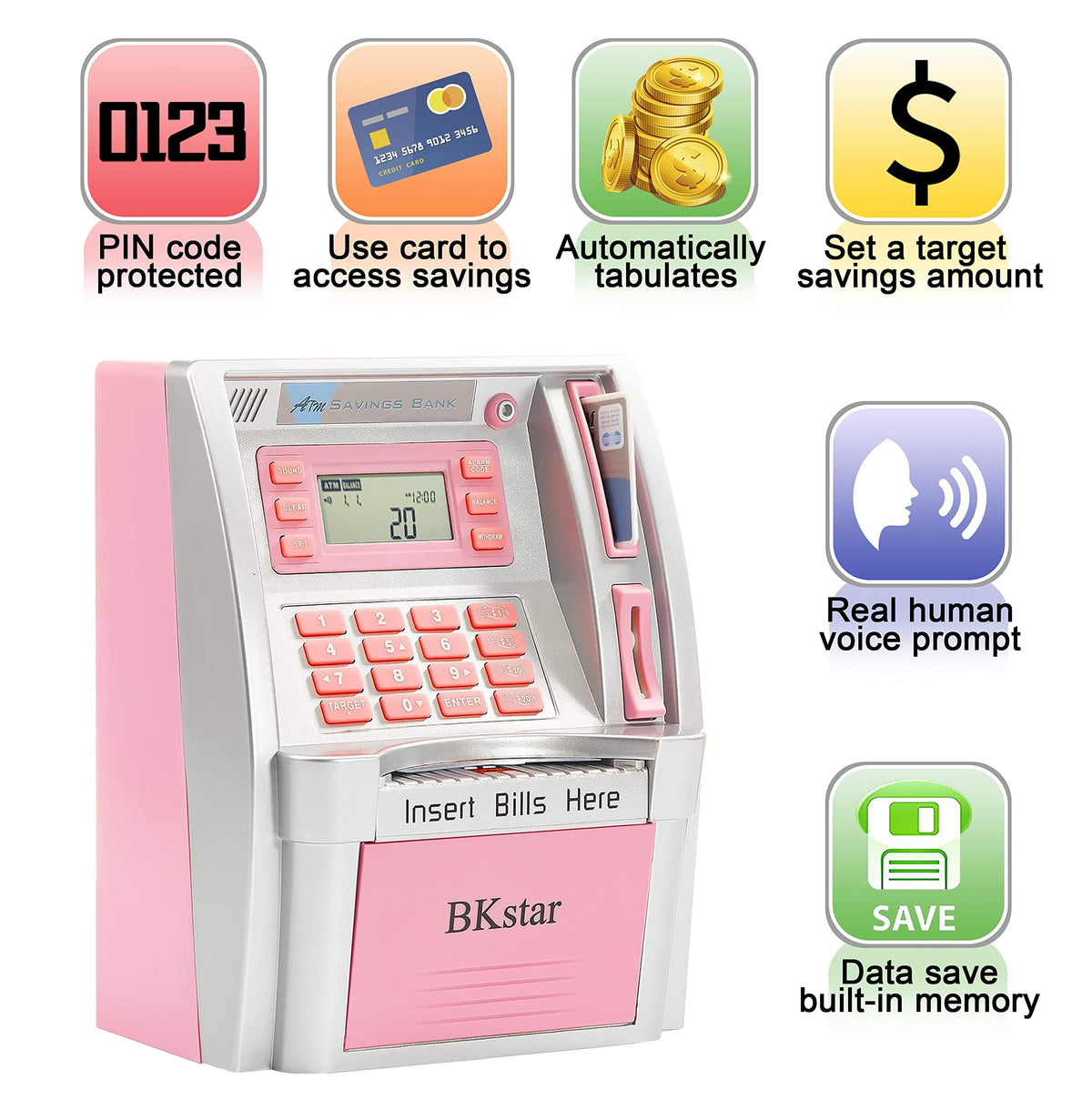BKstar talking piggy bank interaction with voice feedback celebrating deposits