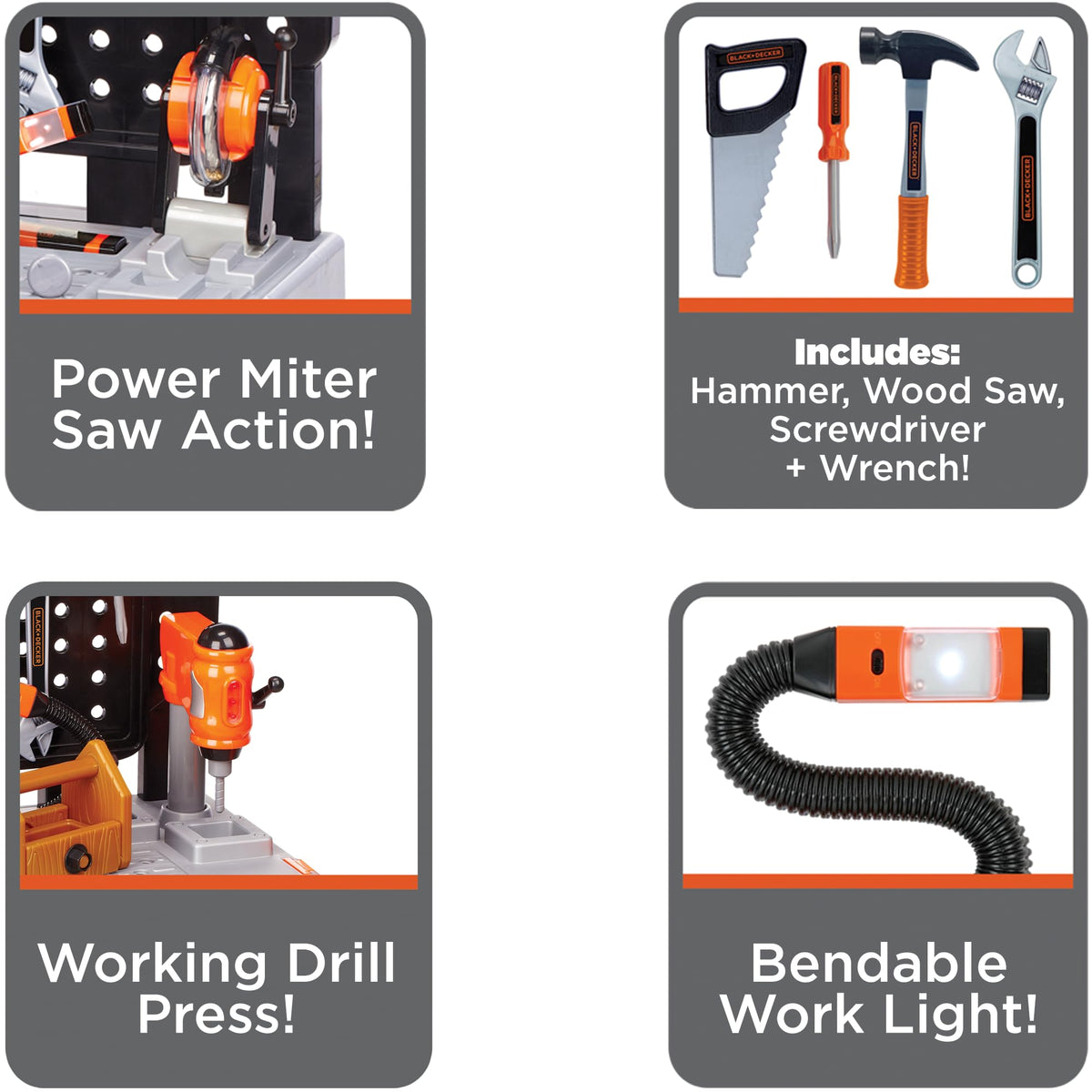 Black+Decker Workbench with battery-powered drill press enhances pretend building adventures.