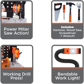 Black+Decker Workbench with battery-powered drill press enhances pretend building adventures.