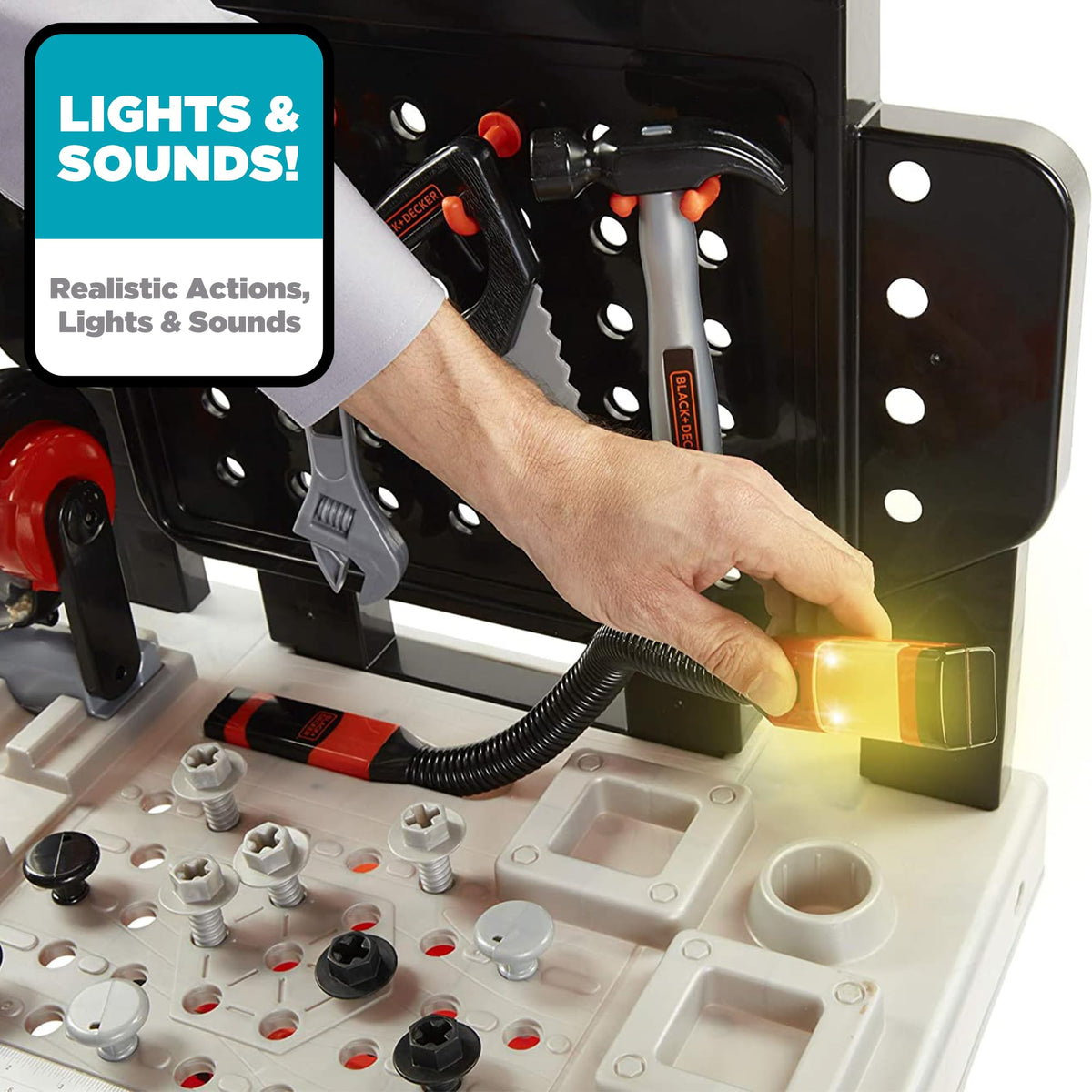 Black+Decker Workbench battery-powered flashlight offers versatile in-scene lighting for play.